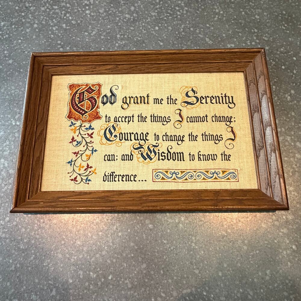 Vintage Kay Dee Hand Prints Linen Serenity Prayer Wood Frame Wall Art 12"x18"